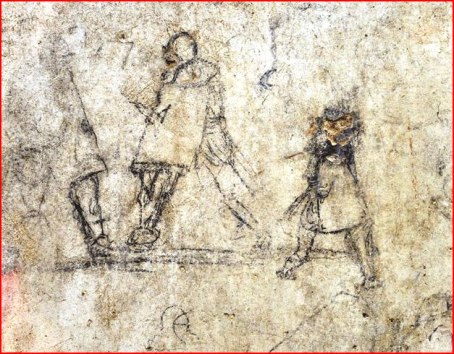 2nd-4th c. graffito from the agora at Izmir showing two gladiators and a young boy urinating on the street. 