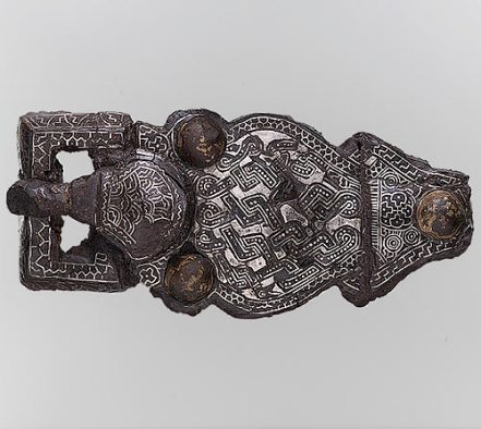 Belt Buckle, Buckle Counter Plate, and Back Plate (675–725 CE  Frankish); Found in Niederbreisig, western Germany. Caption pulled from Met Museum site, where the buckle can be seen.