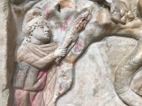 Polychromatic Mithras relief from the mithraeum in the Castra Peregrinorum in Rome (Baths of Diocletian, Rome).